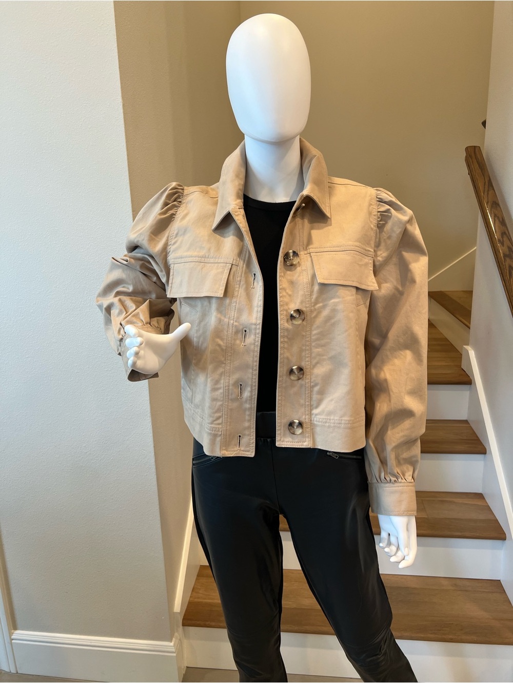 Women's Beige Puff-Sleeve Jean Jacket